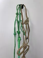 2 KNOTTED TRAINING HALTERS WITH LEAD ROPES GREEN & TAN