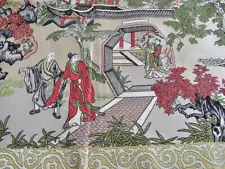 Vintage Chinese Silver Silk Brocade Woven Tapestry Tablecloth Empress Court 40"