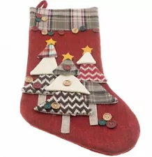 DanDee Christmas Stocking Trees Buttons 18" Red Tan Burlap Felt Farmhouse Decor