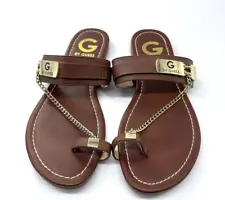 G By Guess Toe Loop Sandals Brown Slides W/Gold Chain Accent Clean Sz 6M, VGUC