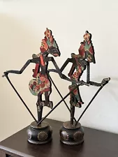 Vintage Pair Wayang Golek Indonesian Shadow Theater Puppets w/Stands 12"