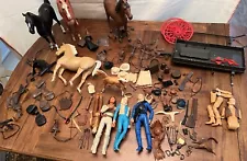 Huge lot - Vintage Marx Johnny West action figures, horses, weapons, wagon parts