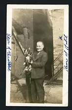 Smiling Man Holding Cute Boston Terrier Dog 1930s Vintage Photo Fashion Pets