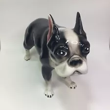 YH Japan Porcelain Boston Terrier Dog Figurine Blue Eyes Almost Life Size FLAW