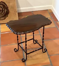 Vintage Small Wood Slab & Scroll Wrougt Iron Side Table