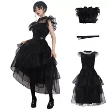 Family Wednesday Costume Vintage Goth Black Raven Dance Dress Cosplay Women G...