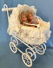 Little 8" Wicker & Metal Doll Carriage, Buggy with 2 Kids Baby dolls 3" 1981