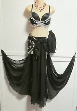 Belly Dance 3 pc Black Silver Costume Circular Skirt, Coin Hip Scarf, VS Bra 38B