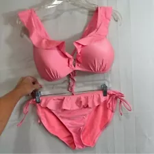 Womens 2-Piece Bikini Swimsuit with Ruffles in Coral Pink