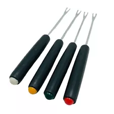 VTG 60s Fondue Forks Stainless Steel Black Woodgrain Handle Multicolor Set Of 4