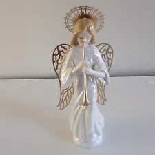 Angel Blowing Trumpet Figurine Iridescent Glaze Gold Laser Cut Halo & Wing 6.75"