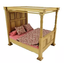 Dollhouse Tudor Light Oak Tester Bed 4 Poster with Bedding Bedroom Furniture