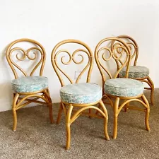 Boho Chic Bent Bamboo Rattan Heart Back Dining Chairs - Set of 4