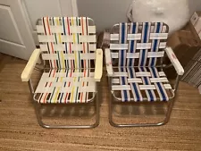 Set of 2 NOS Vintage Folding Lawn Chair Multicolor Aluminum Webbed Woven Retro