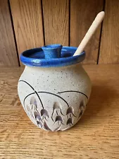 Artisan-Made Pottery Honey Pot w/ Lid and Wood Dipper Stick Signed JM 1986