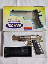 Vintage Two Horse Lighter 45 Caliber Gun Pistol Design With Box. NEAR MINT. RARE