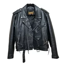 Mens Bonus Genuine Leather Black Biker Jacket With Zippers & Belt Size M-L Vntg