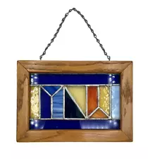 Oak Framed 7x10 Geometric Stained Glass Window Art