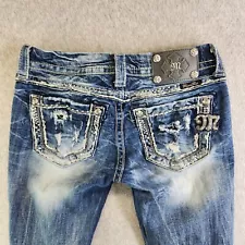 Miss Me Jeans Womens 27 Blue Boot Crackled Destroyed Whiskered Heavy Stitching