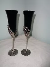 2 Halloween Flute GLASS GOBLET Black Silver SKELETON HAND Metal Stem