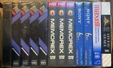 12 / T-120 Blank VHS Tapes 5 Universal, 3 Memo Rex, 2 Sony, 1 Maxell, 1 MGM