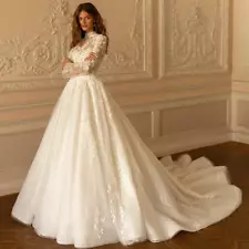 Luxury High Neck Lace Wedding Dress Long Sleeve Applique Button Back Bridal Gown