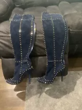 Jennifer Le Studded Thigh High denim Boots