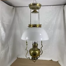 Antique Victorian Hanging Kerosene Lamp Ornate Brass Large White Shade 1900s 28”