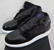 Size 5.5Y/7W - Nike Air Jordan 1 Mid Space Jam Patent Black Shoes DV1337-004