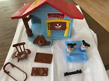 Vintage 1970s Mickey Mouse Club House Playset, 2 Weeble Wobbles, Bench Chair