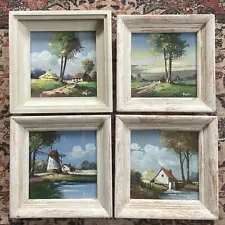 4x Vintage European Landscape Acrylic Paintings Signed ROGER Original Framed