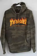 THRASHER Magazine FLAMES LOGO Hoodie Pullover Skateboard FOREST CAMO Size Small