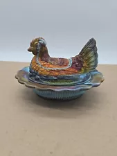 Mosser Glass Hen On Nest Basket 6.5" GLOWS Red Slag Orange Swirl Covered Dish