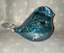 HQT Hand Blown Glass Paper Weight Bird Blue, Clear White Metalic Swirl 6.25”