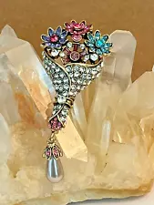 Beautiful Bouquet of Rhinestone Flower Brooch with Pearl Drop