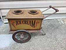 RARE Vintage Wooden - Ice Cream Seller Cart With Wooden Wheels