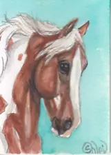 ACEO original Watercolor Art Card HORSE red Tobiano Pinto Saddlebred Stallion