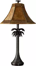 720354122639 Tropical Palm Tree Steel Table Lamp, Dark Brown Finish with Woven R