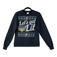 Funny Ugly Hanukkah Sweatshirt Mens S Black "Lets Get Lit" Menorah Dreidel