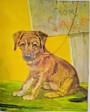 Vintage 1935 Sad Little Red Mixed Breed Puppy For Sale, Lithograph, Diana Thorne