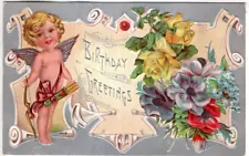 ANTIQUE EMBOSSED BIRTHDAY Postcard CHERUB, BOW AND ARROWS, FLOWERS