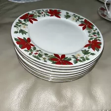 Gibson Poinsettia Gold Rimmed Dessert Plates 7 5/8”. Set Of 8