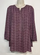 NYDJ XL Maroon Blouse 3/4 Sleeve V-Neck Button Up Tunic Top