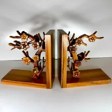 Vintage Wooden Bookends Hand Crafted Artisan Cherry Blossom Trees 6.5" Indonesia