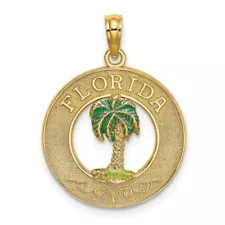 14k Yellow Gold FLORIDA Enamel Palm Tree Circle Charm Pendant Gift for Women