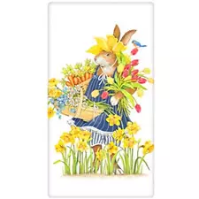 Mary Lake-Thompson Rabbit, Daffodils, Tulips, Bluebird Flour Sack Kitchen Towel