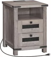 LARMNEE Nightstand with Charging Station Farmhouse End Table Bedside Cabinet