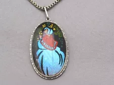 Vintage ENGLISH Sterling Painted BUTTERFLY WING Pendant NECKLACE