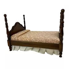 Miniature Bombay Dollhouse Furniture Four Poster Wood Bed Neutral Floral Bedding