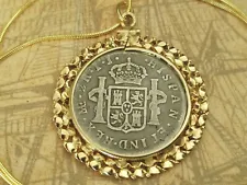 1792 Spanish Peruvia 2Reales Silver Coin Pendant & Gold Filled Chain w COA &Box